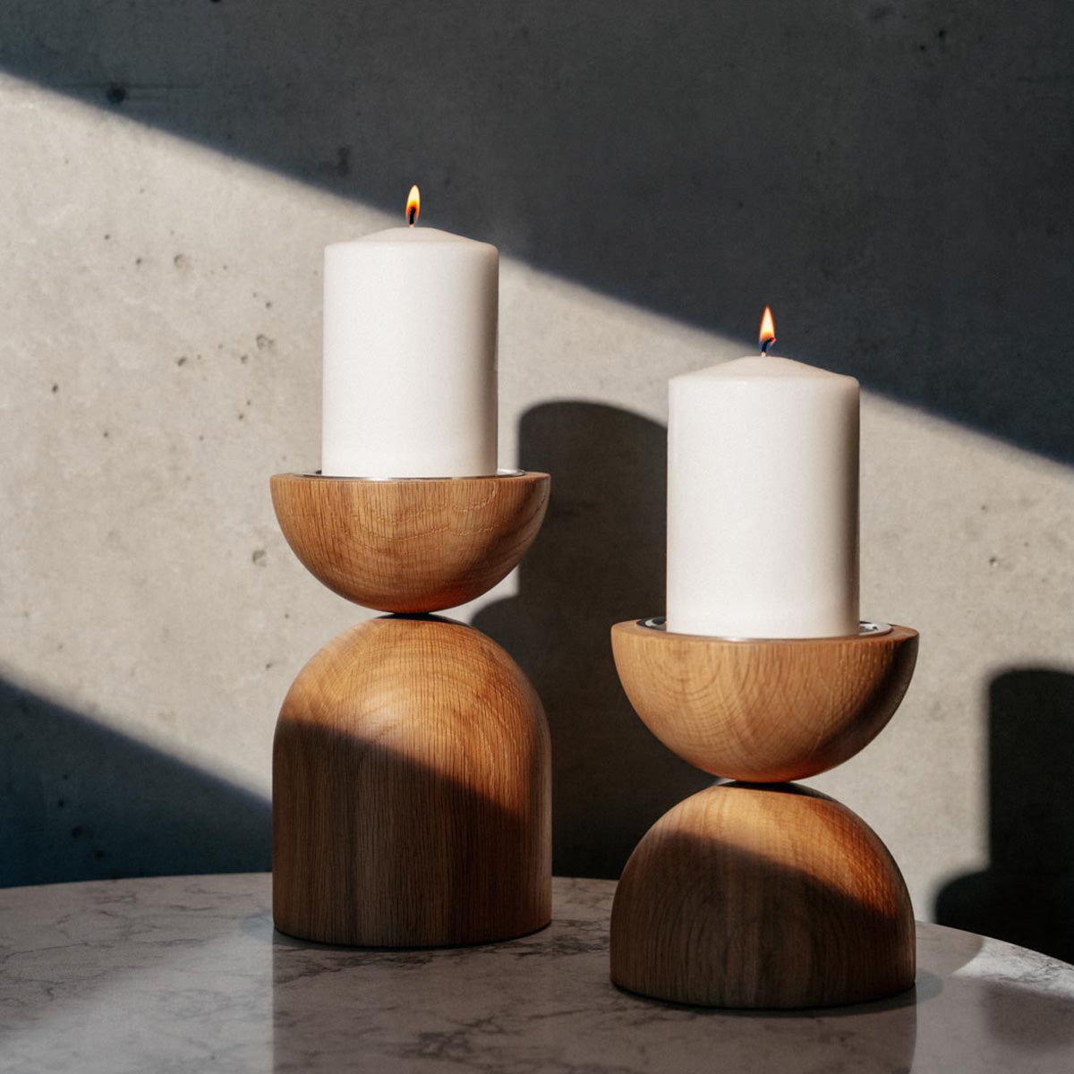 Duo candleholder, oak and silver, 17,5 cm