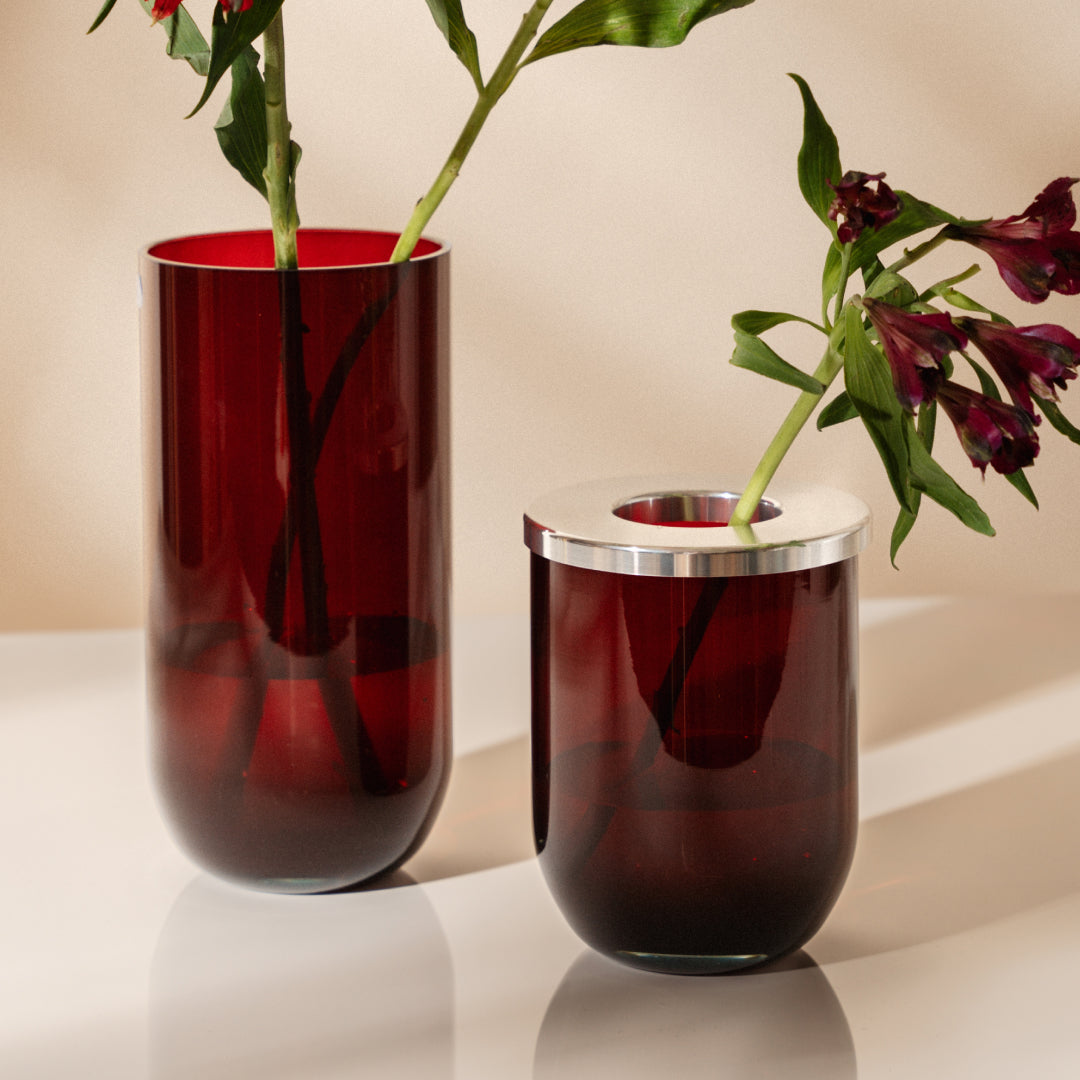 Duo glass vase, red and silver, 24 cm