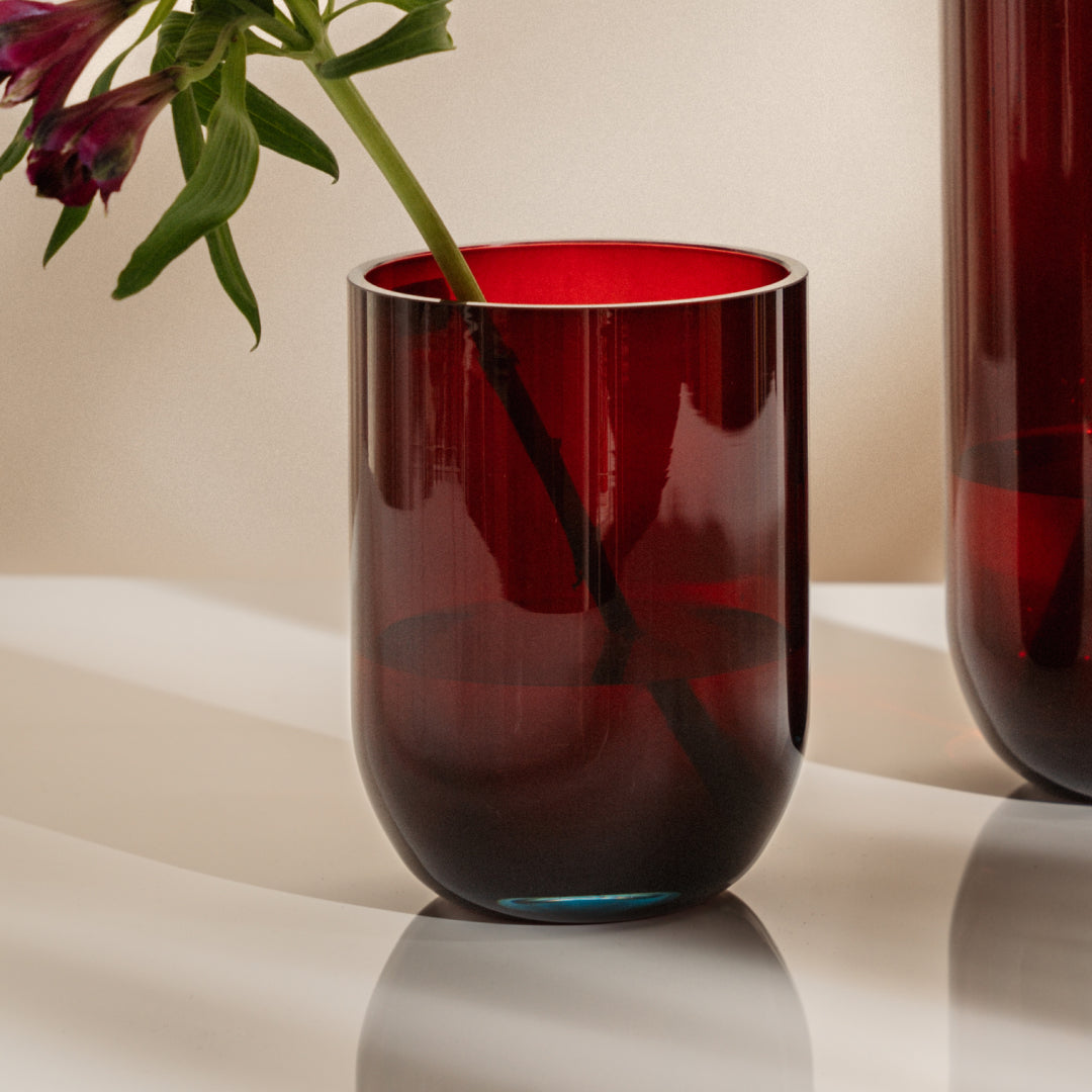 Duo glass vase, red and silver, 16 cm